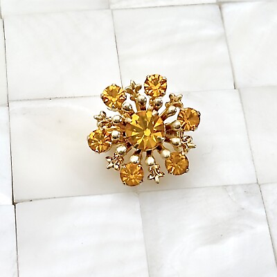 #ad Golden Yellow Rhinestone Snowflake Brooch Pin Gold Tone The Vintage Strand #2459 $5.24