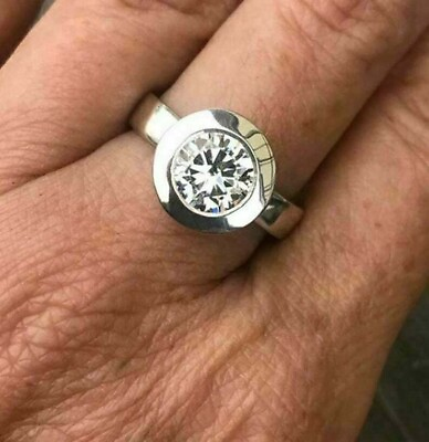 #ad 14K White Gold 1Ct Round Diamond Bezel Set Lab Created Wedding Superb Ring Gift $274.00