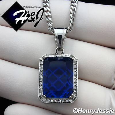#ad 18 36quot;MEN Stainless Steel 3mm Silver Miami Curb Chain Blue Rhinestone Pendant*98 $19.99
