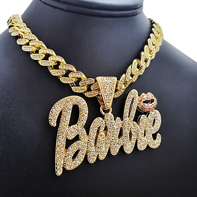 #ad Women Gold Plated Large Barbie Charm amp; Iced Cubic Zirconia Cuban Chain Necklace $37.99