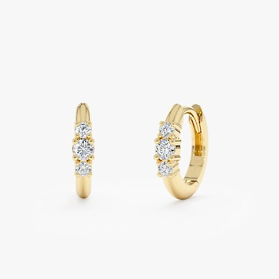 #ad 18K Gold Prong Set Diamond Graduating Hoop Dainty Round Brilliant Best Earrings $156.75