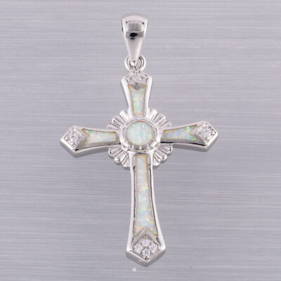 #ad Long Celtic Cross White Fire Opal Silver Jewelry Necklace Pendant $4.99