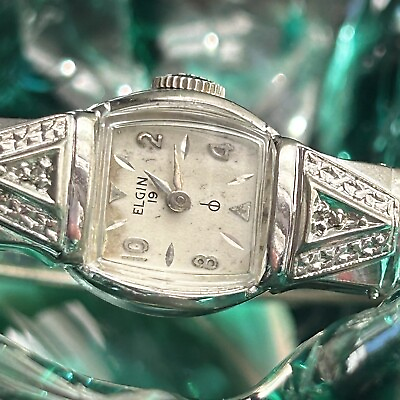 #ad Vintage 19 Jewel LADY ELGIN 10K WHITE G.F. DIAMONDS Works $69.25