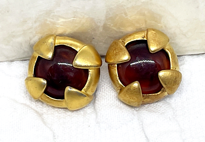 #ad Givenchy Vtg Estate Gold Metal Clip Earrings with Red Cab Centers Signed $75.00
