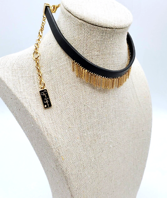 #ad Signed Jessica Simpson Choker Necklace Gold Toned Fringe Black Leather Band 11quot; $24.97