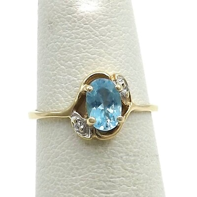 #ad 10K Gold Blue Topaz Diamond March Birthstone Ring sz4 $169.00