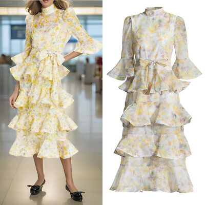 #ad Summer Women Elegant Floral Print Dress Band Collar Flared Sleeves Ruffled Skirt $82.49