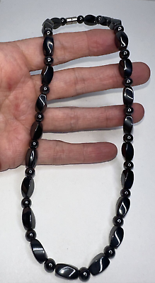 #ad Hematite Gemstone Beaded Necklace Round Twist Oblong Magnetic Clasp 18quot; Gray $12.34