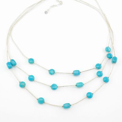 #ad Southwest Sterling Silver Blue Turquoise 3 Strand Liquid Silver Necklace $54.73