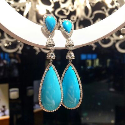 #ad 25.60 Ct Pear Lab Created Turquoise Drop Dangle Earring 14K White Gold Over 925 $293.45