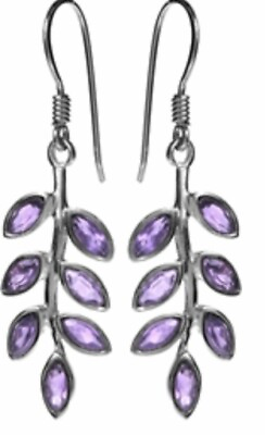 #ad Amethyst drop earrings solid Sterling Silver marquise leaf branch. Gift box. GBP 36.99