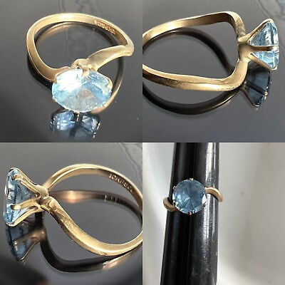 #ad 2gr VTG MCM Solid 10k Gold Blue Topaz Gemstone Wavy Modernist Ring Size 6 $150.00