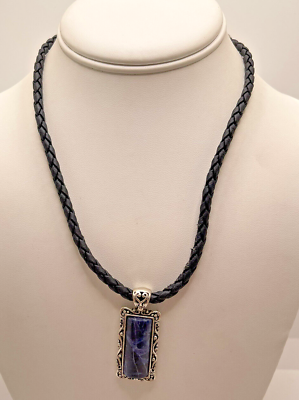 #ad Unique Rectangle Blue Pendant Necklace Black Braided Leather 16quot; Unmarked $7.99
