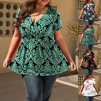 #ad Plus Size Womens V Neck Boho Floral Wrap Tops Short Sleeve Casual T Shirt Blouse $19.89