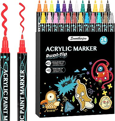 #ad 24 Colors Acrylic Paint Pens Markers Canvas Plastic Metal Wood for Rock Painting $10.99