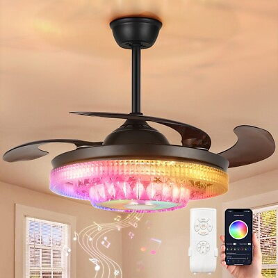 #ad 42quot;Modern Crystal Ceiling Fan With Light And 6 Wind Speed Bluetooth Speaker Lamp $159.99