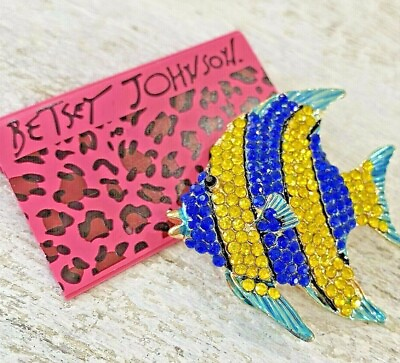 #ad Betsey Johnson Rhinestone Blue Yellow Fish Fashion Statement Runway Brooch Pin $24.99