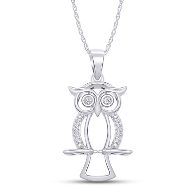 #ad Owl Pendant Necklace 18quot; Simulated Diamond 14K White Gold Plated Sterling Silver $144.65