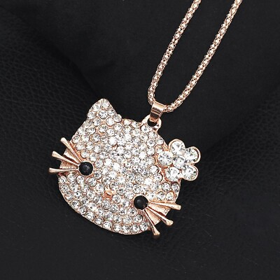 #ad Rose Gold Clear Crystal Cute Cat Kitten Animals Pendant Sweater Chain Necklace $6.99