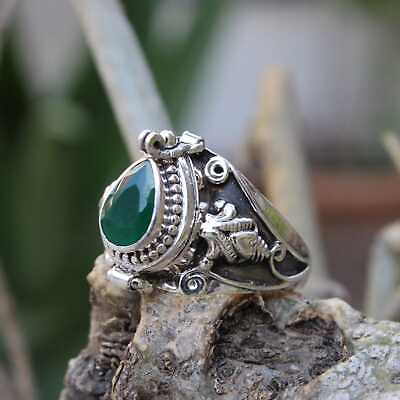 #ad Ring Poison Ring Green Onyx Gemstone Compartment Ring 925 Silver Plated BJ657 $14.99