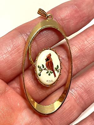 #ad Hand Painted Cardinal Bird on Branch Gold Tone Vintage Pendant Signed Kohl $23.99