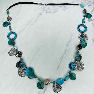#ad Blue Shell Seashell Beaded Black Cord Long Necklace $6.99