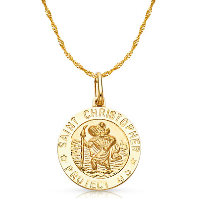 #ad 14K Yellow Gold Christopher Protect Charm Pendant 1.2mm Singapore Chain Necklace $448.00