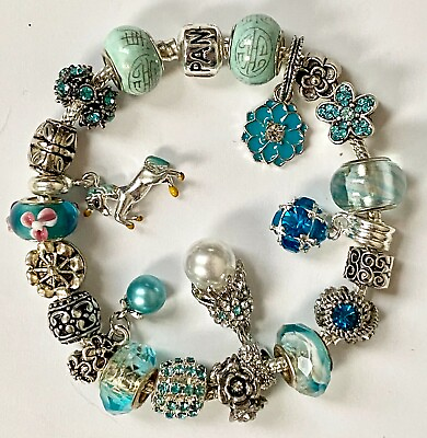 #ad ❤️ SILVER CHARM BEADS BRACELET Aqua Beads with Sterling Silver Plated Chain❤️ $86.99