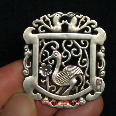 #ad Old Chinese Tibet Silver Carved Flower Crane Necklace Pendant Gift Collection GBP 12.99
