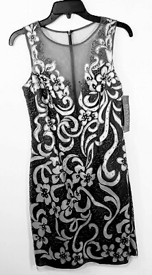 #ad Basix Black Label Charcoal Metallic Silver Aplique Mesh Dress Size 4 NEW $56.99