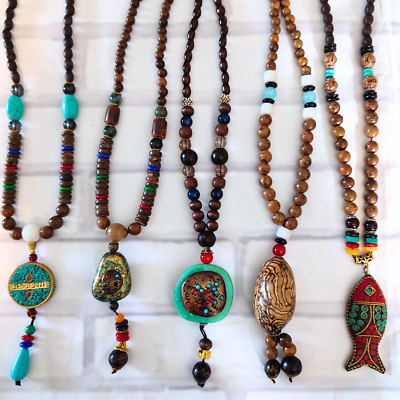 #ad 5 PCs Ethnic Beads Long Necklace Hippie Boho Jewelry Wood Stone Pendant Women $19.90