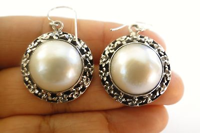 #ad Round White Mabe Pearl Ornate 925 Sterling Silver Dangle Earrings $79.00