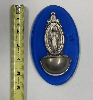 #ad Vintage Virgin Mary Holy Water Font Blue Glass Silvertone Metal 6quot; X 3.5quot; $39.99