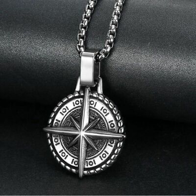 #ad Compass Necklace Pendant Silver Steel Stainless Chain Sterling Nautical Working $9.90