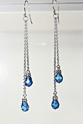 925 Sterling Silver Chandelier Earrings Blue Cubic Zirconia Long Dangles Drops $29.99