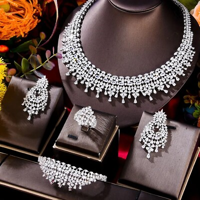 #ad Indian 18k White Gold Filled CZ Choker Necklace Bracelet Ring Jewelry Set $289.99