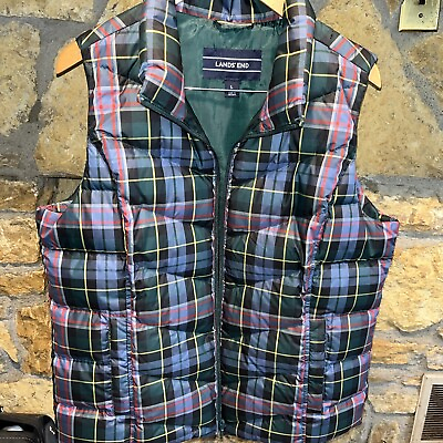 #ad Lands#x27; End DOWN Quilted Puffer Best Women’s L 14 16 Green Plaid Zip $22.99