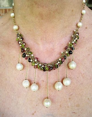 #ad PEARL FANCY TOURMALINE PERIDOT NECKLACE 14k YELLOW GOLD plated 925 SILVER $356.95