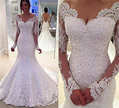 #ad Elegant Mermaid Wedding Dress V Neck Backless Long Sleeves Lace Bead Bridal Gown $154.90
