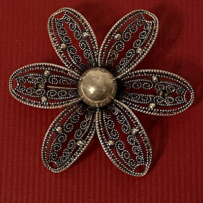 #ad BEAU Brooch Pin Sterling Silver Flower Filigree Vintage Signed 5.8 g $30.00