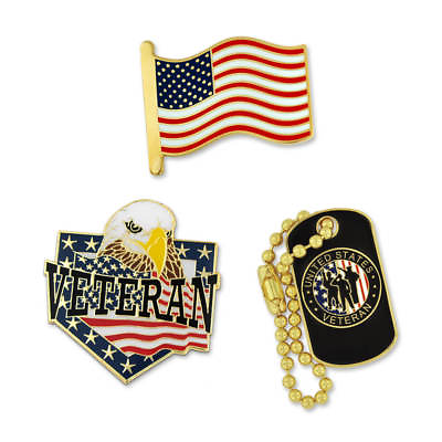 #ad PinMart#x27;s Veteran American Flag amp; Dog Tag Pin Patriotic Enamel Lapel Pin Set $10.99
