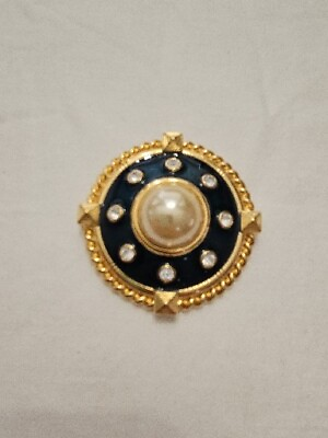 #ad Vintage Sandra Miller Burrows Gold Tone Brooch Teal Rhinestone Faux Pearl 2.5in $24.99