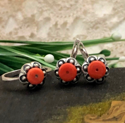 #ad Fine Set of Earrings Ring Sterling Silver 925 Women#x27;s Jewelry Natural Coral 12gr $285.00