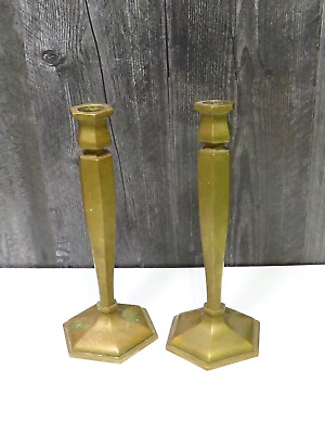 #ad Pair English Heavy Antique Brass Tall Candleholders Candlesticks 10quot; $77.00