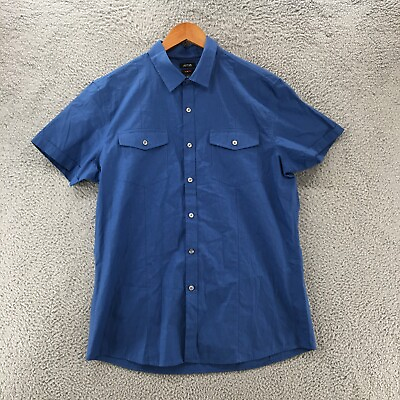 #ad Apt 9 Short Sleeve Shirt Mens L Blue Cotton Button Up Chest Pocket Casual Collar $18.99