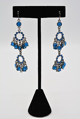 #ad Vintage Crystal Chandelier Earrings Blue Rhinestone Dangle Gunmetal Tone 90s 9I $17.56