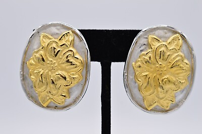 Givenchy Vintage Clip Earrings Signed Brushed Gold Silver Flower Chunky 80s BinH $138.36