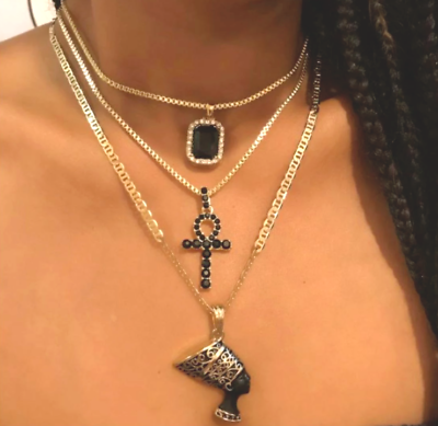 #ad Queen Nefertiti Ankh Cross Black Crystal Pendants Necklace Gold Plated B20 $9.49