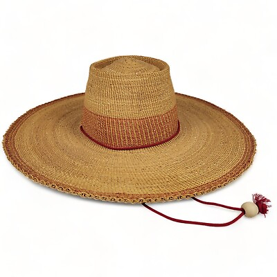 #ad Woven Straw Palm Hat Sombrero Chin Strap 22.5 inch Brown Red Flat Bill Mexico $40.38