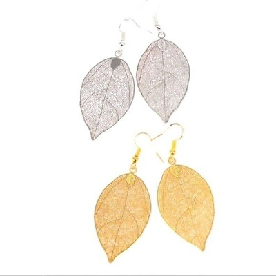 #ad Leaf Earrings Womens Gold or Silver Alloy Etched Drop Jewelry Nature $9.88